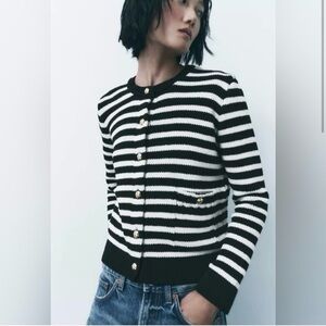 ZARA Nautical Striped Cardigan ⚓️ Black & Cream | Gold Anchor Buttons | Size M
